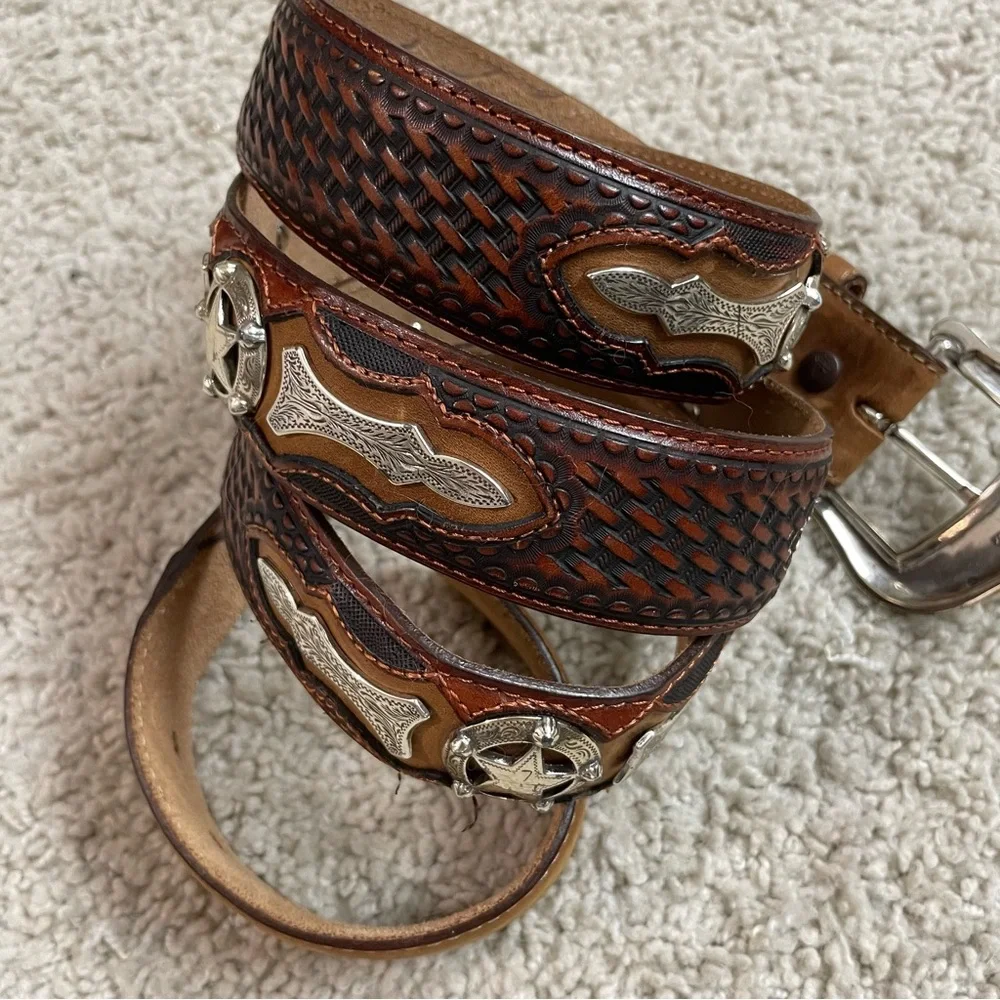 Men's JUSTIN Brown LEATHER Silver STAR Concho WESTERN Cowboy RODEO Dress BELT 54